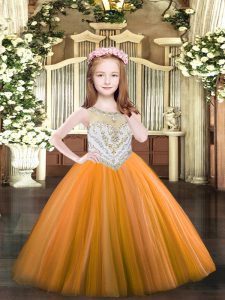 Sleeveless Tulle Floor Length Zipper Pageant Dress Wholesale in Orange with Beading