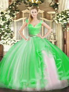 Green Zipper 15 Quinceanera Dress Beading and Ruffles Sleeveless Floor Length