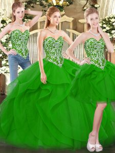 Green Lace Up Sweetheart Beading and Ruffles Ball Gown Prom Dress Tulle Sleeveless