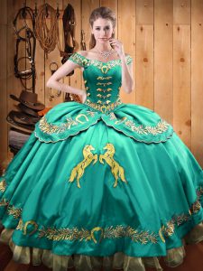 Best Selling Turquoise Satin and Organza Lace Up Off The Shoulder Sleeveless Floor Length Vestidos de Quinceanera Beading and Embroidery