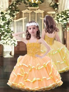 Orange Sleeveless Organza Lace Up Child Pageant Dress for Party and Quinceanera
