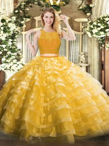Decent Gold Zipper Sweet 16 Dresses Lace and Ruffled Layers Sleeveless Floor Length