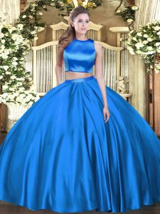 Sleeveless Tulle Floor Length Criss Cross Quince Ball Gowns in Blue with Ruching