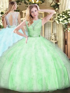 Pretty Apple Green Ball Gowns Organza Scoop Sleeveless Lace and Ruffles Floor Length Backless Sweet 16 Dresses