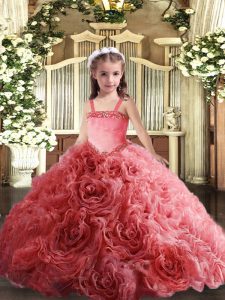 Coral Red Sleeveless Appliques Floor Length Custom Made Pageant Dress