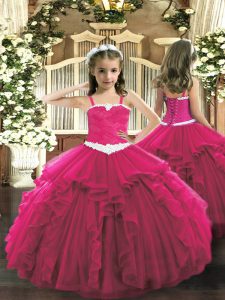 Hot Pink Tulle Lace Up Straps Sleeveless Floor Length Little Girl Pageant Dress Appliques and Ruffles