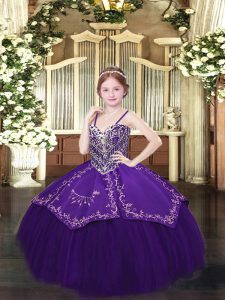 Dark Purple Ball Gowns Beading and Embroidery Custom Made Pageant Dress Lace Up Satin and Organza Sleeveless Floor Length