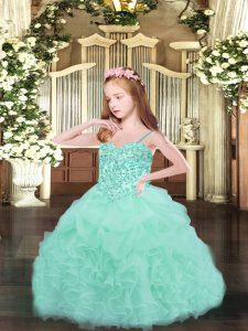 Floor Length Lace Up Glitz Pageant Dress Apple Green for Party and Quinceanera with Beading and Ruffles and Pick Ups