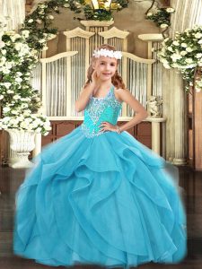 Tulle Straps Sleeveless Lace Up Beading and Ruffles Winning Pageant Gowns in Aqua Blue