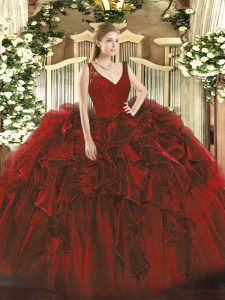 Extravagant Wine Red Sleeveless Floor Length Beading and Ruffles Zipper Quinceanera Dress