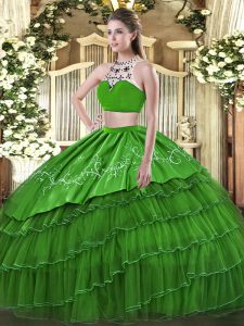 Floor Length Backless Quinceanera Gowns Green for Military Ball and Sweet 16 and Quinceanera with Beading and Embroidery and Ruffles