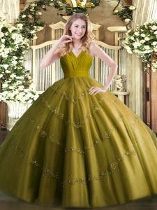 Charming Olive Green Tulle Zipper V-neck Sleeveless Floor Length Quinceanera Gown Beading