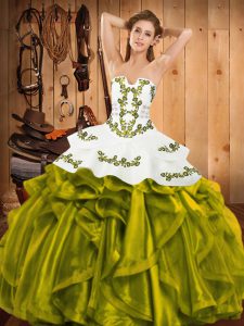 Olive Green Quinceanera Dresses Military Ball and Sweet 16 and Quinceanera with Embroidery and Ruffles Strapless Sleeveless Lace Up