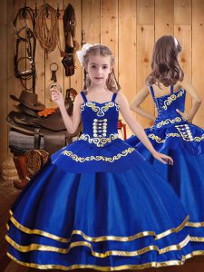 Royal Blue Lace Up Custom Made Pageant Dress Beading and Embroidery and Ruffled Layers Sleeveless Floor Length