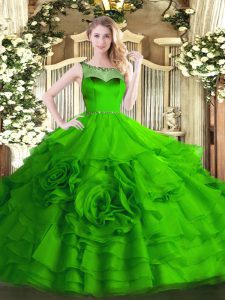 Affordable Organza Zipper Scoop Sleeveless Floor Length Quinceanera Gowns Beading and Ruffled Layers