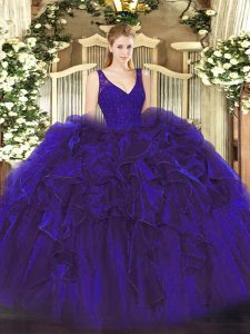 Best Selling Purple Ball Gowns Organza V-neck Sleeveless Beading and Ruffles Floor Length Zipper Sweet 16 Dress