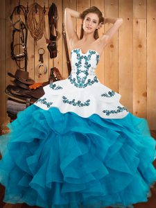 Enchanting Teal Ball Gowns Embroidery and Ruffles 15th Birthday Dress Lace Up Satin and Organza Sleeveless Floor Length