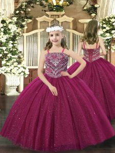 On Sale Floor Length Lace Up Little Girl Pageant Gowns Fuchsia for Party and Quinceanera with Beading