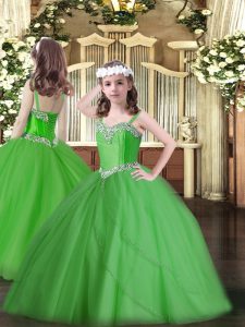 Charming Green Sleeveless Sweep Train Beading Pageant Dress