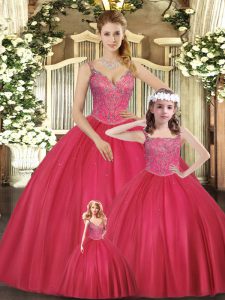 Ball Gowns Sweet 16 Dresses Hot Pink Straps Tulle Sleeveless Floor Length Lace Up