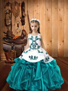 Teal Lace Up Straps Embroidery and Ruffles Little Girls Pageant Gowns Organza Sleeveless