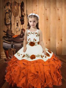 Gorgeous Floor Length Lace Up Pageant Gowns For Girls Orange Red for Sweet 16 and Quinceanera with Embroidery and Ruffles