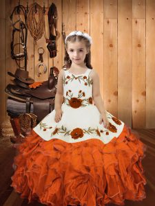 Gorgeous Floor Length Lace Up Pageant Gowns For Girls Orange Red for Sweet 16 and Quinceanera with Embroidery and Ruffles