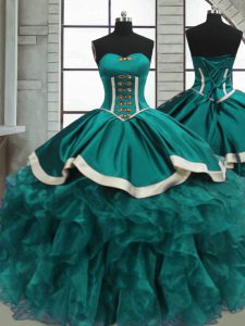 Cheap Teal Sleeveless Floor Length Beading and Ruffles Lace Up Vestidos de Quinceanera
