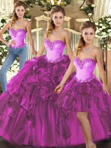 Beautiful Sweetheart Sleeveless Lace Up Quinceanera Gown Fuchsia Organza