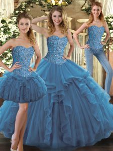 Top Selling Teal Sleeveless Beading and Ruffles Floor Length Quinceanera Gowns