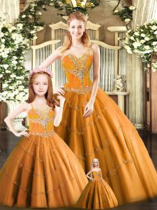 Ideal Beading Ball Gown Prom Dress Rust Red Lace Up Sleeveless Floor Length