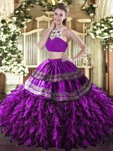 Eggplant Purple Two Pieces Beading and Ruffles Ball Gown Prom Dress Backless Tulle Sleeveless Floor Length