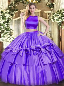 Custom Made Purple High-neck Neckline Ruffled Layers Quinceanera Gowns Sleeveless Criss Cross