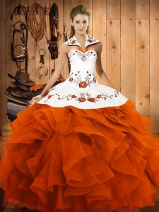 Vintage Orange Red Tulle Lace Up Vestidos de Quinceanera Sleeveless Floor Length Embroidery and Ruffles