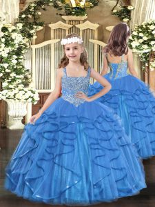 Beautiful Floor Length Baby Blue Pageant Dress for Womens Tulle Sleeveless Beading and Ruffles