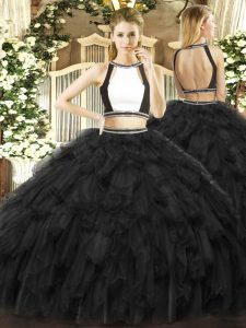 Tulle Halter Top Sleeveless Backless Ruffles 15 Quinceanera Dress in Black