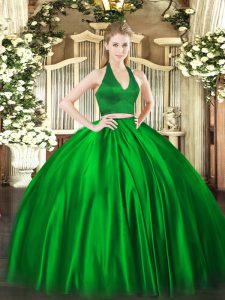 Green Satin Zipper Quinceanera Dress Sleeveless Floor Length Ruching