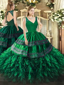 Dark Green Ball Gowns Beading and Lace and Ruffles Sweet 16 Dresses Backless Organza Sleeveless Floor Length