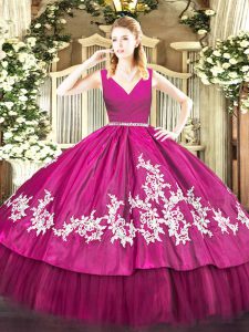 Colorful Fuchsia Ball Gowns Satin and Tulle V-neck Sleeveless Embroidery Floor Length Zipper Quinceanera Gowns