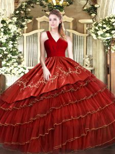 Decent Floor Length Wine Red Sweet 16 Quinceanera Dress Satin and Organza Sleeveless Embroidery and Ruffled Layers