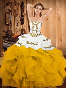Yellow And White Sleeveless Floor Length Embroidery and Ruffles Lace Up 15th Birthday Dress