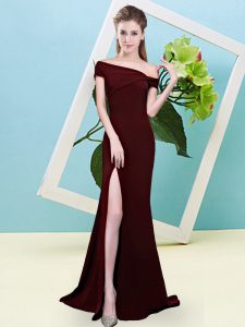 Lovely Brown Mermaid Off The Shoulder Sleeveless Elastic Woven Satin Floor Length Zipper Ruching Quinceanera Dama Dress