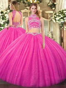 Exquisite Hot Pink Backless High-neck Beading 15 Quinceanera Dress Tulle Sleeveless