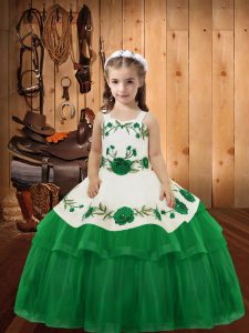 Stunning Floor Length Lace Up Pageant Dress for Teens Green for Sweet 16 and Quinceanera with Embroidery and Ruffled Layers