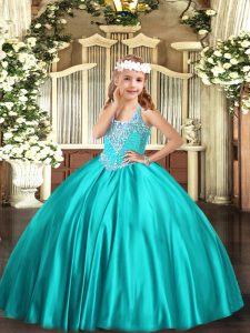 Turquoise Ball Gowns Beading Glitz Pageant Dress Lace Up Satin Sleeveless Floor Length
