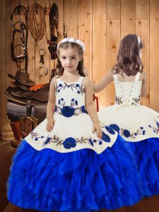 Floor Length Lace Up Pageant Dress Toddler Royal Blue for Sweet 16 and Quinceanera with Embroidery and Ruffles