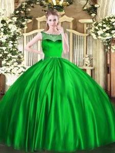 Beauteous Green Satin Zipper Scoop Sleeveless Floor Length Quince Ball Gowns Beading