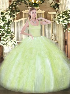 Spectacular Yellow Green Ball Gowns Straps Sleeveless Tulle Floor Length Zipper Beading and Ruffles Quinceanera Dresses