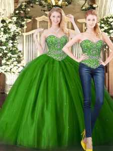 Dark Green Ball Gowns Tulle Sweetheart Sleeveless Beading Floor Length Lace Up Quince Ball Gowns