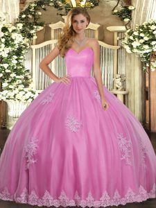 Floor Length Lace Up Ball Gown Prom Dress Rose Pink for Military Ball and Sweet 16 and Quinceanera with Beading and Appliques